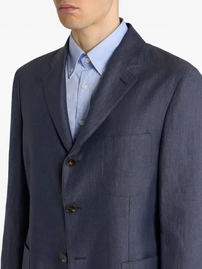 Etro Chevron Single-breasted Linen Jacket In Blue