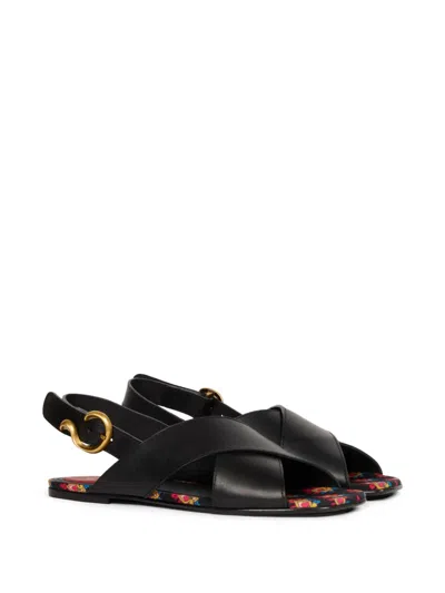 Etro Low Leather Sandals With Crossover Detail In Black