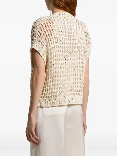 Peserico Sleeveless Open Knit Sweater Featuring Sequins In Neutral