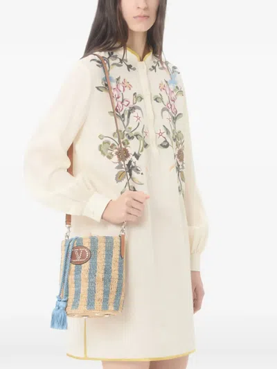 Valentino Garavani Small Bucket Bag In Raffia With Beige And Light Blue Stripes In Multi