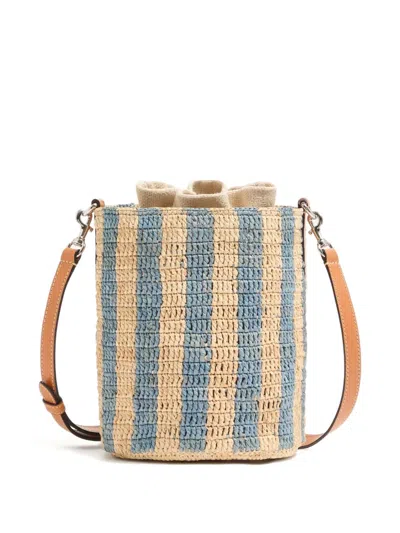 Valentino Garavani Small Bucket Bag In Raffia With Beige And Light Blue Stripes In Multi