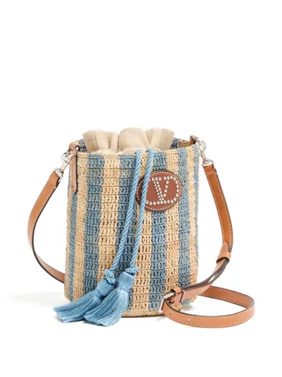 Valentino Garavani Small Bucket Bag In Raffia With Beige And Light Blue Stripes In Multi