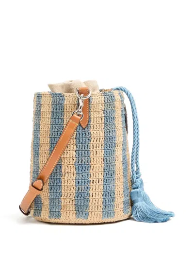 Valentino Garavani Small Bucket Bag In Raffia With Beige And Light Blue Stripes In Multi