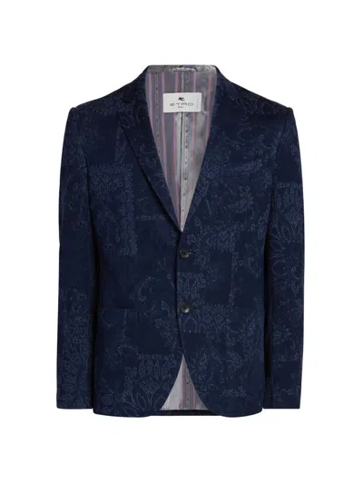 Etro Men Single-breasted Jacquard Cotton Jacket With Floral Pattern In Blue