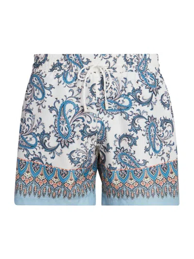 Etro Men Powder Blue Paisley Ramage-printed Swim Shorts In White