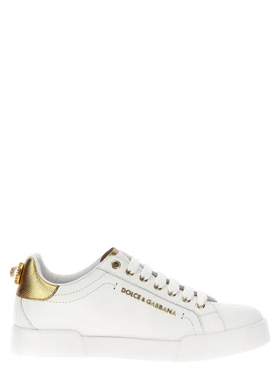 Dolce & Gabbana Sneakers Portofino In Pelle Bianca E Oro Dolce E Gabbana In Gold