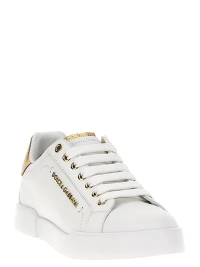 Dolce & Gabbana Sneakers Portofino In Pelle Bianca E Oro Dolce E Gabbana In Gold