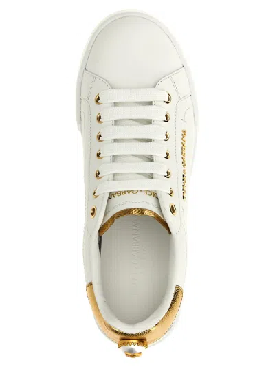 Dolce & Gabbana Sneakers Portofino In Pelle Bianca E Oro Dolce E Gabbana In Gold