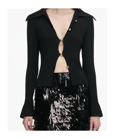 Self-portrait Fitted Ribbed Knit Cardigan With Bold Front Cutouts In Black