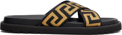 Versace Embroidered Fabric Slippers In Black