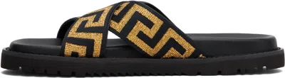 Versace Embroidered Fabric Slippers In Black