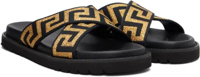 Versace Embroidered Fabric Slippers In Black