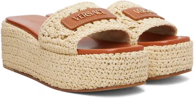 Versace Logo-embellished Raffia Platform Slides In Brown