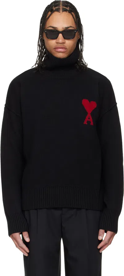 Ami Alexandre Mattiussi Ami Paris Funnel-neck Sweater With Heart Intarsia Design In Black