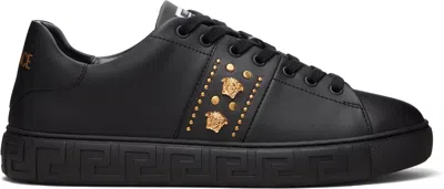 Versace Black Greca Embellished Nylon Faux-leather Sneakers In Black
