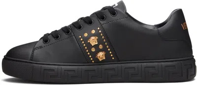 Versace Black Greca Embellished Nylon Faux-leather Sneakers In Black