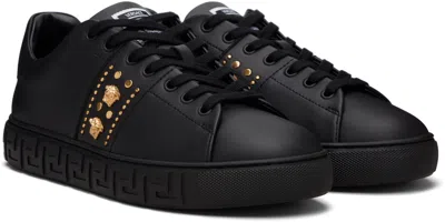 Versace Black Greca Embellished Nylon Faux-leather Sneakers In Black