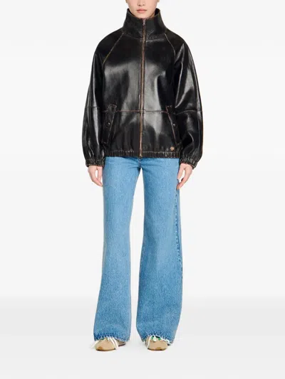 Sandro Paris Oversized Leather Jacket In Brown