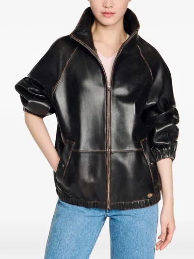 Sandro Paris Oversized Leather Jacket In Brown