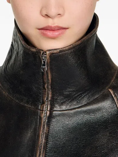 Sandro Paris Oversized Leather Jacket In Brown