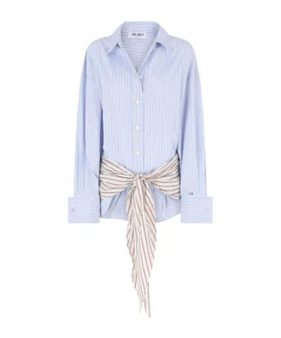 Attico Belted Striped Cotton-poplin Mini Dress In Blue