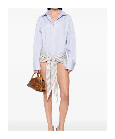 Attico Belted Striped Cotton-poplin Mini Dress In Blue