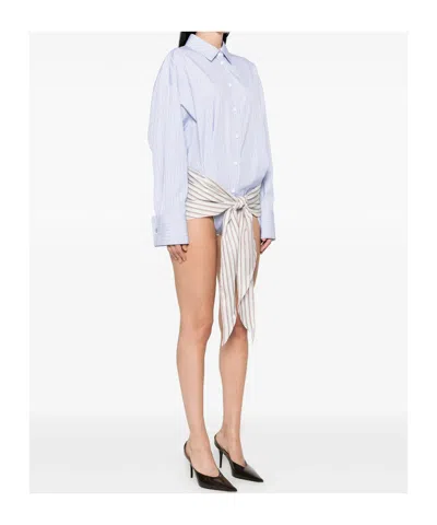 Attico Belted Striped Cotton-poplin Mini Dress In Blue