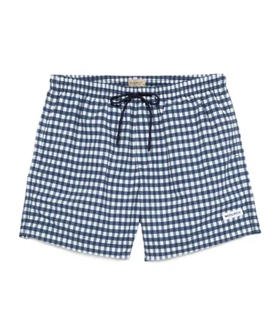 Woolrich Checkered Swim Shorts Elastic Waistband Pockets In Blue