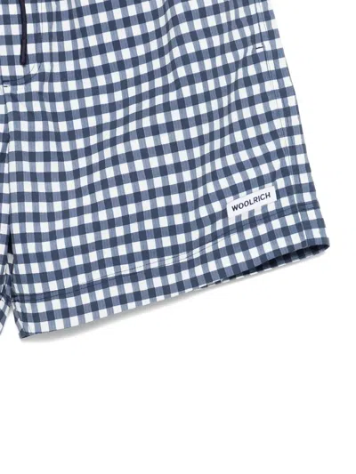 Woolrich Checkered Swim Shorts Elastic Waistband Pockets In Blue