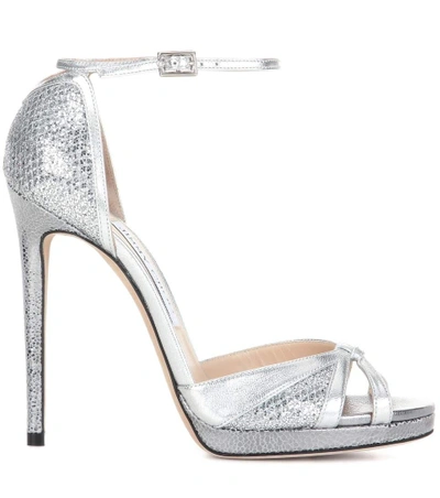 Shop Jimmy Choo Talia 120 Metallic Leather And Glitter Sandals In Silver