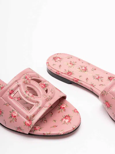 Dolce & Gabbana Dg Interlock Floral-printed Leather Slide Sandals In Pink