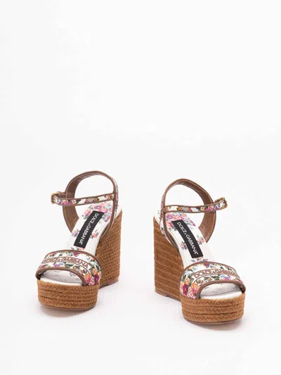 Dolce & Gabbana Wedge Sandals With Logo Embroidery In White