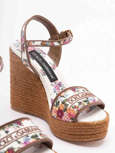 Dolce & Gabbana Wedge Sandals With Logo Embroidery In White