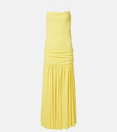 Jacquemus Yellow Dress With Straight Neckline And Gathered Waist In Tech Fabric Woman In Yellow