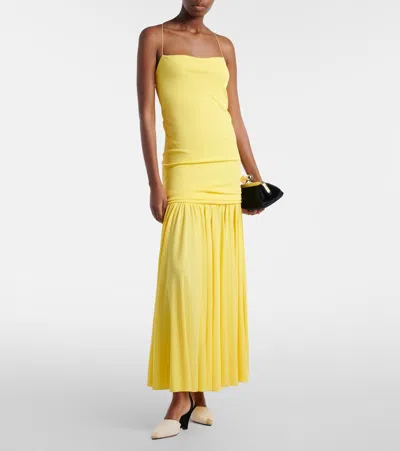 Jacquemus Yellow Dress With Straight Neckline And Gathered Waist In Tech Fabric Woman In Yellow
