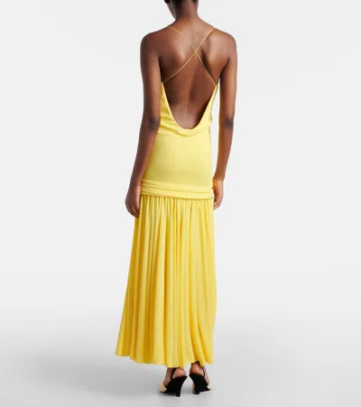 Jacquemus Yellow Dress With Straight Neckline And Gathered Waist In Tech Fabric Woman In Yellow