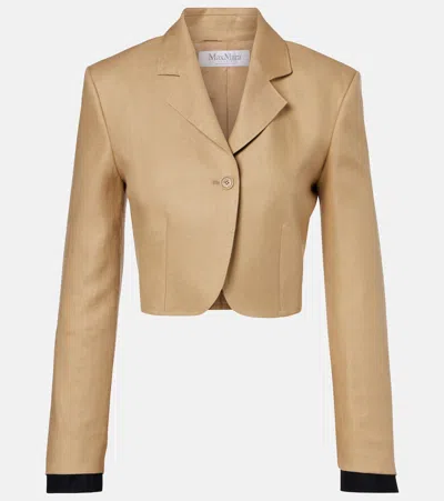 Max Mara Buono Diagonal Cropped Jacket In Camel Linen In Blue