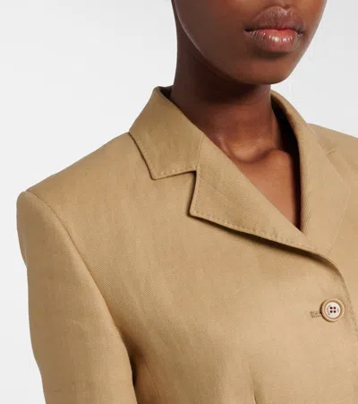 Max Mara Buono Diagonal Cropped Jacket In Camel Linen In Blue