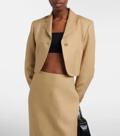 Max Mara Buono Diagonal Cropped Jacket In Camel Linen In Blue