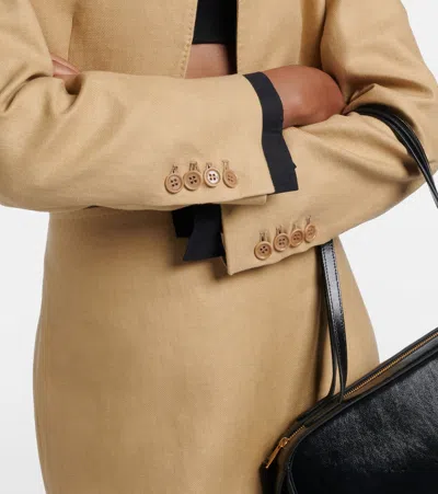 Max Mara Buono Diagonal Cropped Jacket In Camel Linen In Blue