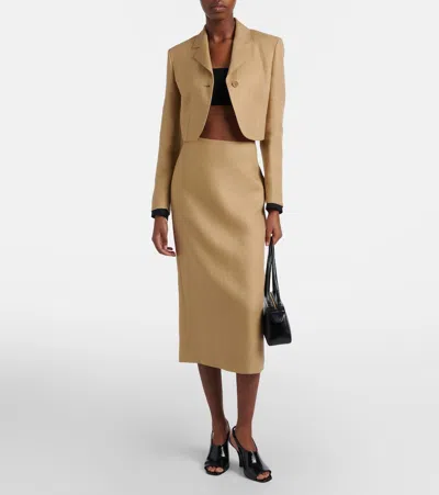 Max Mara Buono Diagonal Cropped Jacket In Camel Linen In Blue