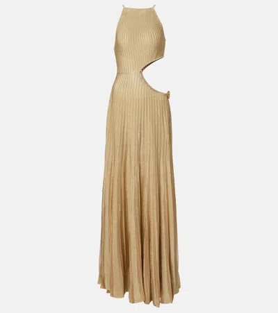 Roberto Cavalli Long Sheer Gold Dress With Cut-outs In Nude
