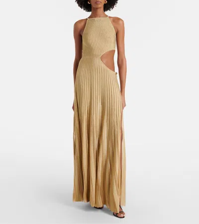 Roberto Cavalli Long Sheer Gold Dress With Cut-outs In Nude