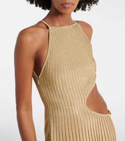 Roberto Cavalli Long Sheer Gold Dress With Cut-outs In Nude