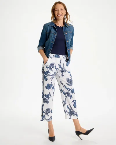 Chico's Piped Linen Fly Front Pants In Blue