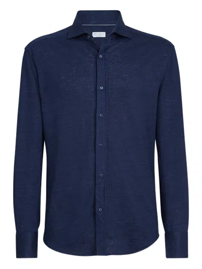 Brunello Cucinelli Linen Cotton Blend Shirt Button Down In Blue