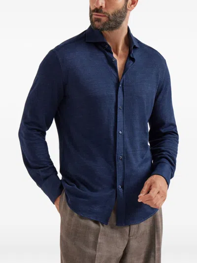 Brunello Cucinelli Linen Cotton Blend Shirt Button Down In Blue