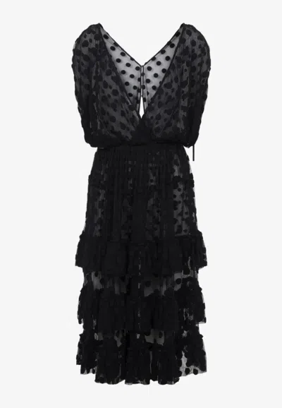 Dries Van Noten Ruffled Polka-dot Cotton-blend Mesh Midi Dress In Black