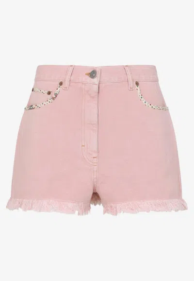 Valentino Knee Length Shorts Frayed Hem Floral Pockets Belt Loops In Pink
