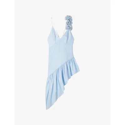 Sandro Paris Lyocell-linen Asymmetric Ruffle Midi Dress In Blue